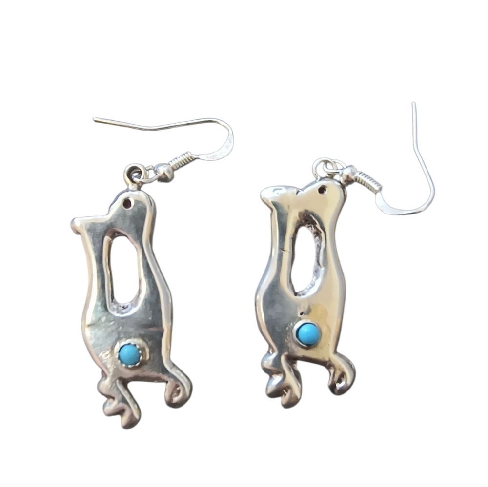 Heavy Cast Sterling Modernist Turquoise Earrings – Artist Signed TY